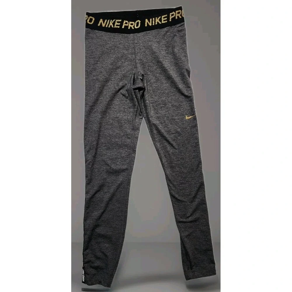 NIKE Pro Dri-FIT Mid-Rise‎ Leggings Gray With Gold Logo Women Size Small